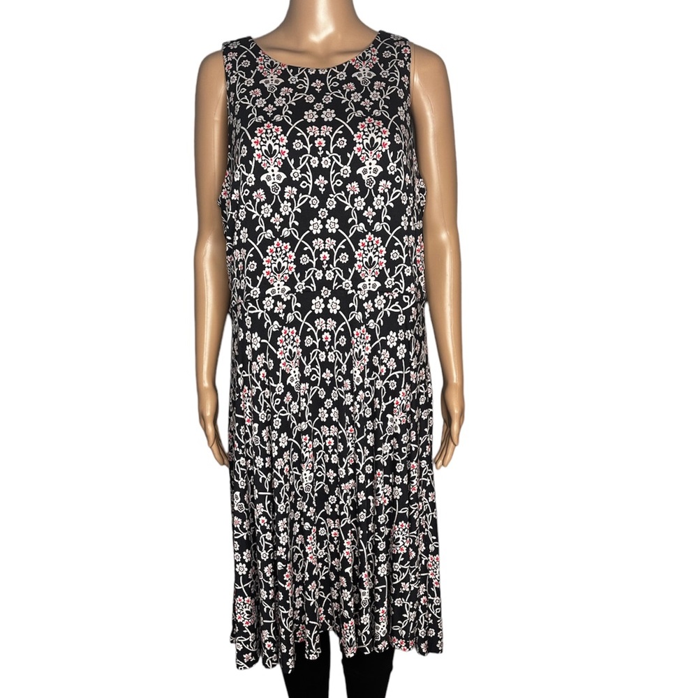 Loft women’s black floral print short sleeve round neck pleated dress size L